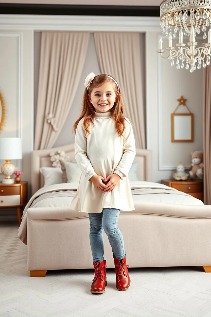 a 6 years old girl in modern clothing and makeup standing pose with cute and joy with pertty shoes in a very large luxury baby bedroom