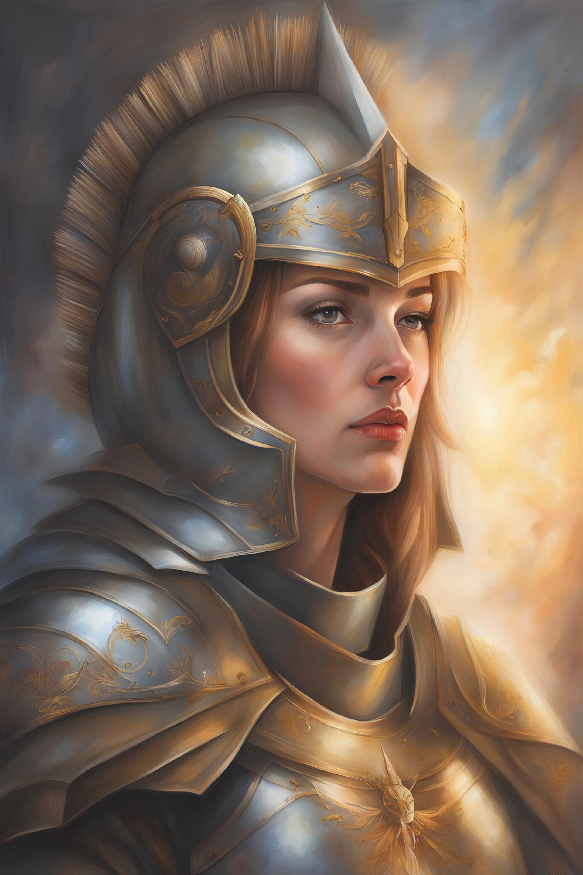 Portrait Art **Featured Art:** The Guided Warrior: A portrait of Joan in her armor, with a divine light illuminating her from above. This could symbolize her claim of acting under divine guidance. The light could be made up of words representing civil, public, and labor rights, showing her fight for justice. **Appearance:** art ideas that encapsulate the essence of Joan of Arc (an French female / women patron saint of France, honored as a defender of the French nation for her role in the siege o