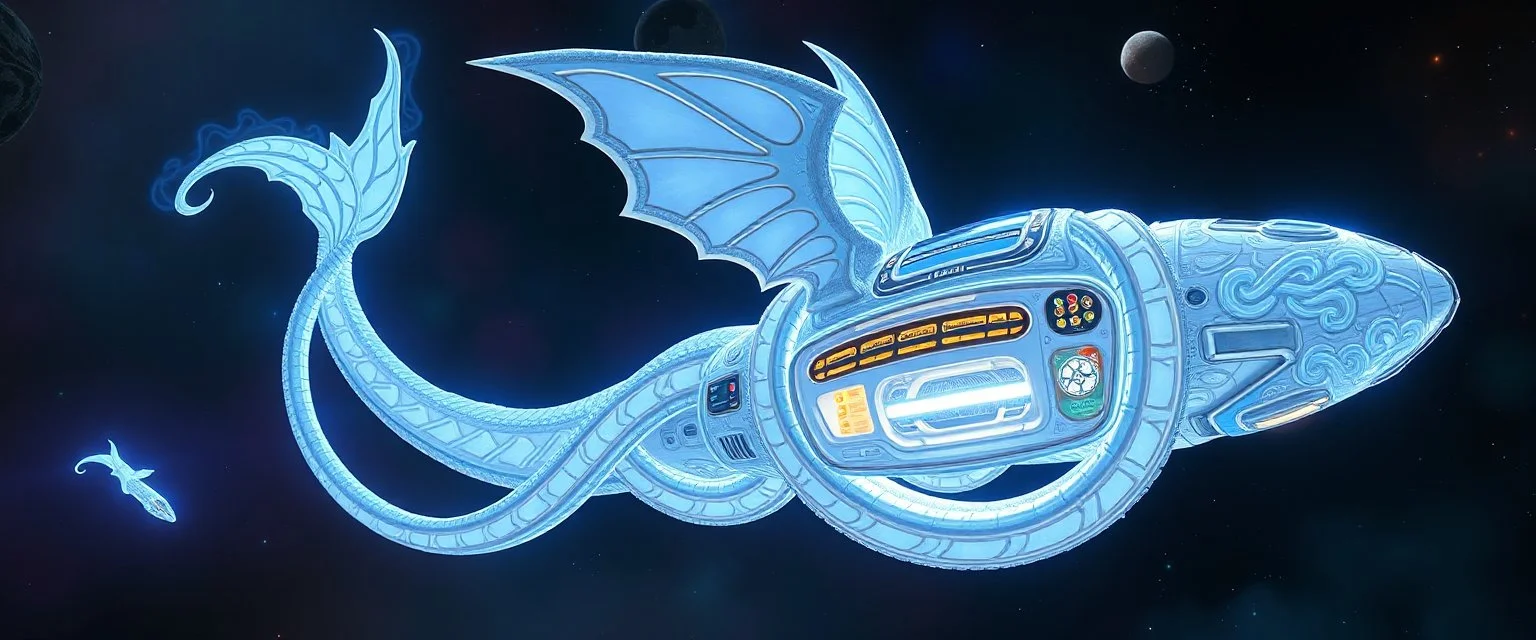 swirley cot o nine tails whip tailed, celtic knot hollow tube transparent core ornate indented space ship, shiny bright mega ship flourescent white blue like bubble gum with a few big windows and decks, interdimensional twister, rock against colored spaced fog, space interior. split tail, winged serpent, glowing aura