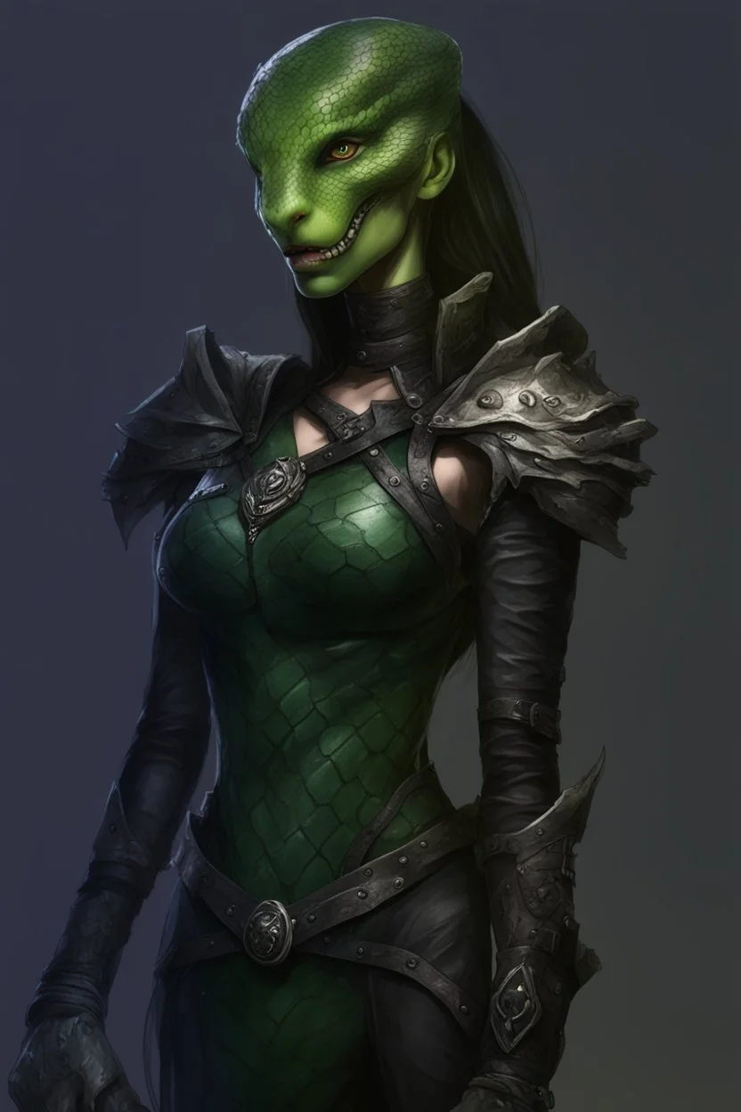 female snake humanoid, green scales, wearing a black leather armor, dungeons and dragons