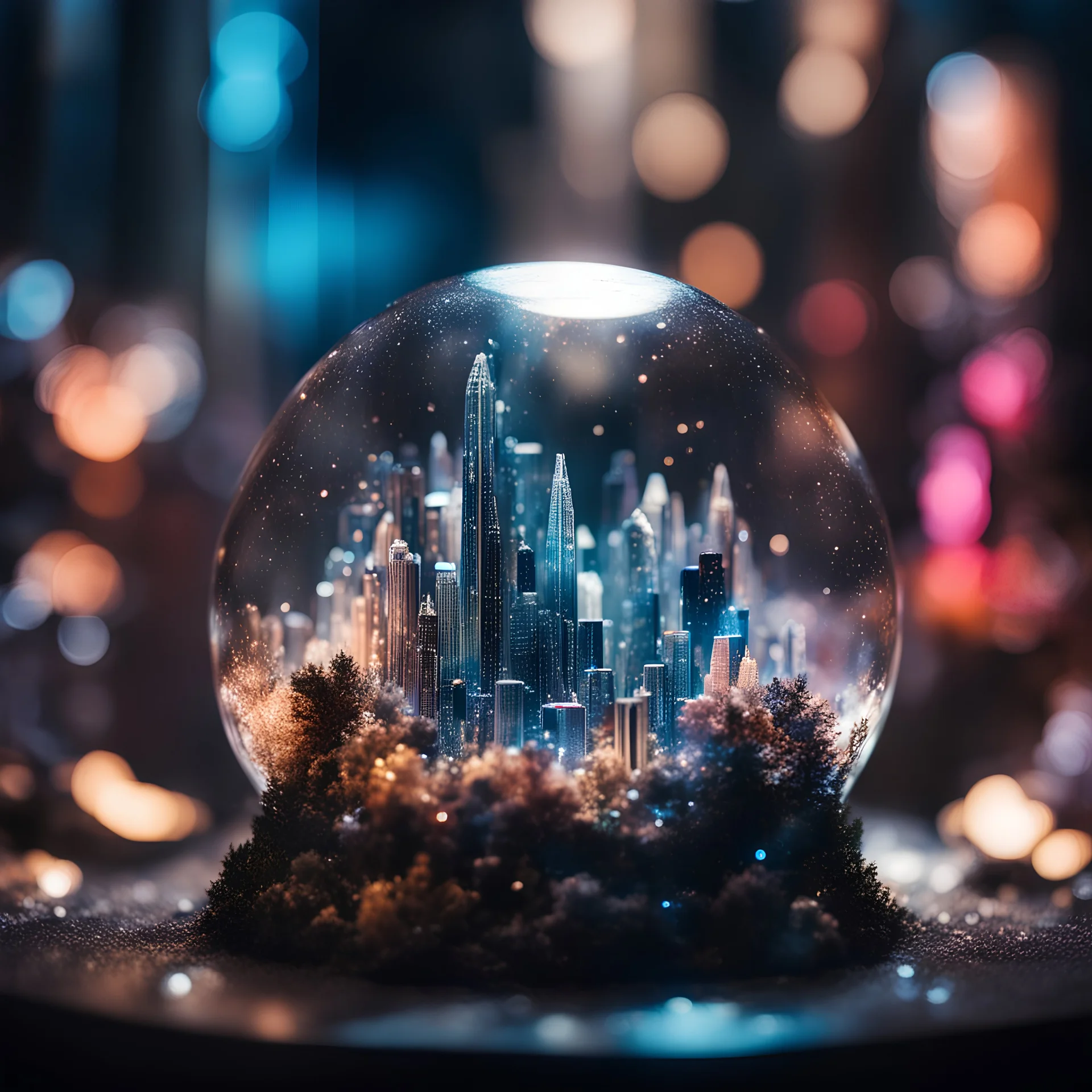 close up of an extremly detailed crystal city in a glass terrarium, sharp focus, high contrast, dark tone, bright vibrant colors, cinematic masterpiece, shallow depth of field, bokeh, sparks, glitter, 16k resolution, photorealistic, intricate details, dramatic natural lighting