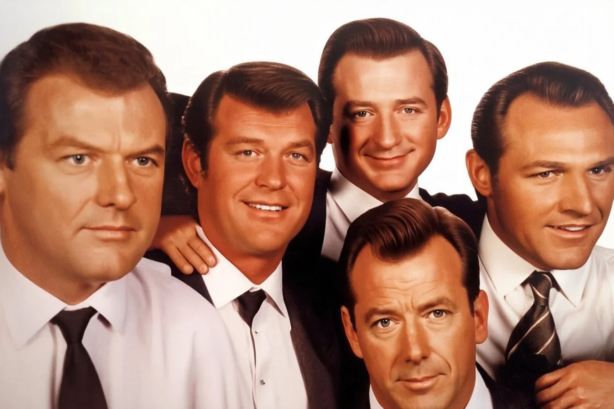 a photo of 5 men in their 30s, antique photo, add background, hand on some shoulders