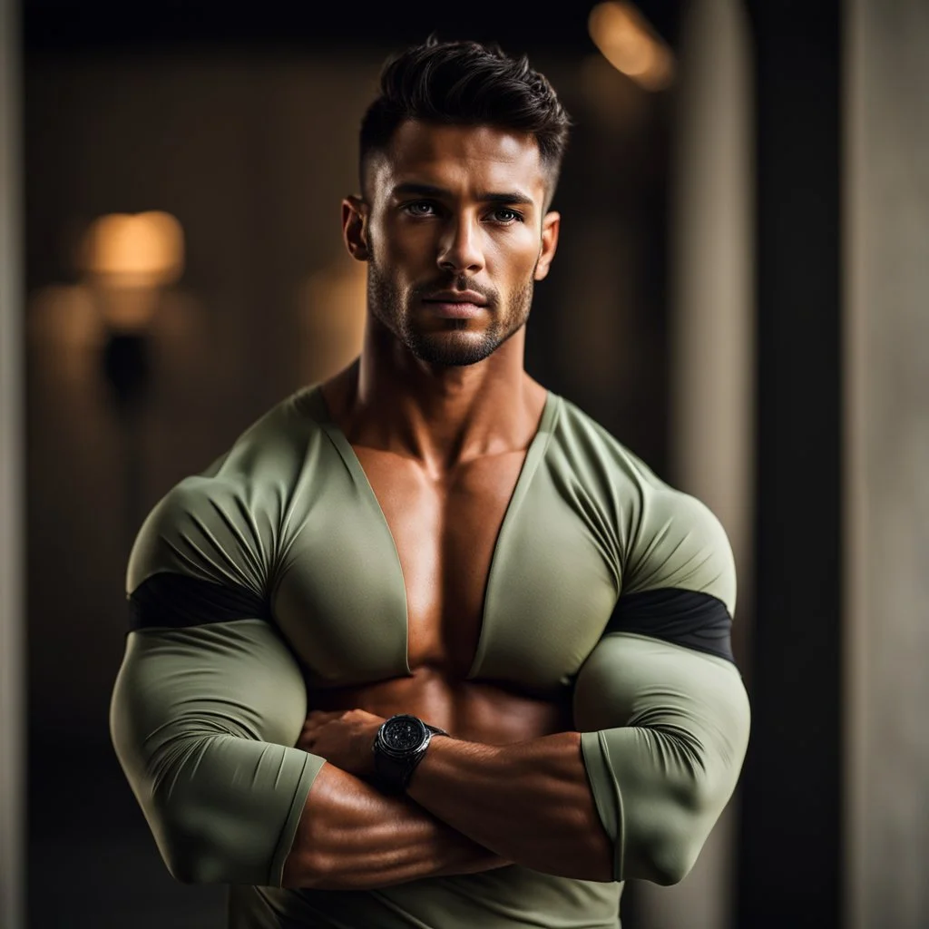 Portrait of an Olive skinned muscular very handsome male with short dark hair and a neatly trimmed beard