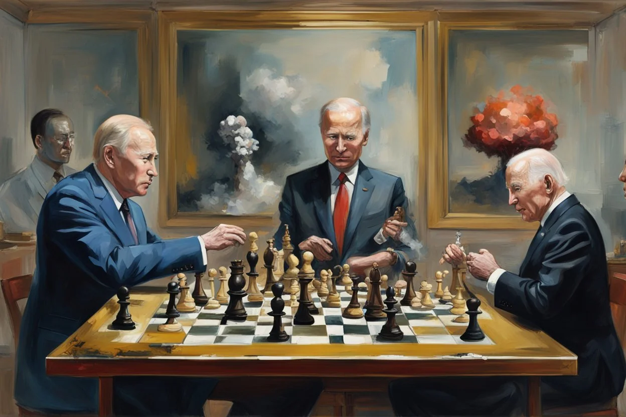 Putin, President Xi Of China And Joe Biden Play Chess With Atomic Bomb Mushroom Cloud,Complex Surgical Instruments Intermixed With A Newborn Boy,Minimalism,Painting By Adrian Ghenie,Rene Magritte,Pablo Picasso,Michelangelo,Salvador Dali,Lucian Freud