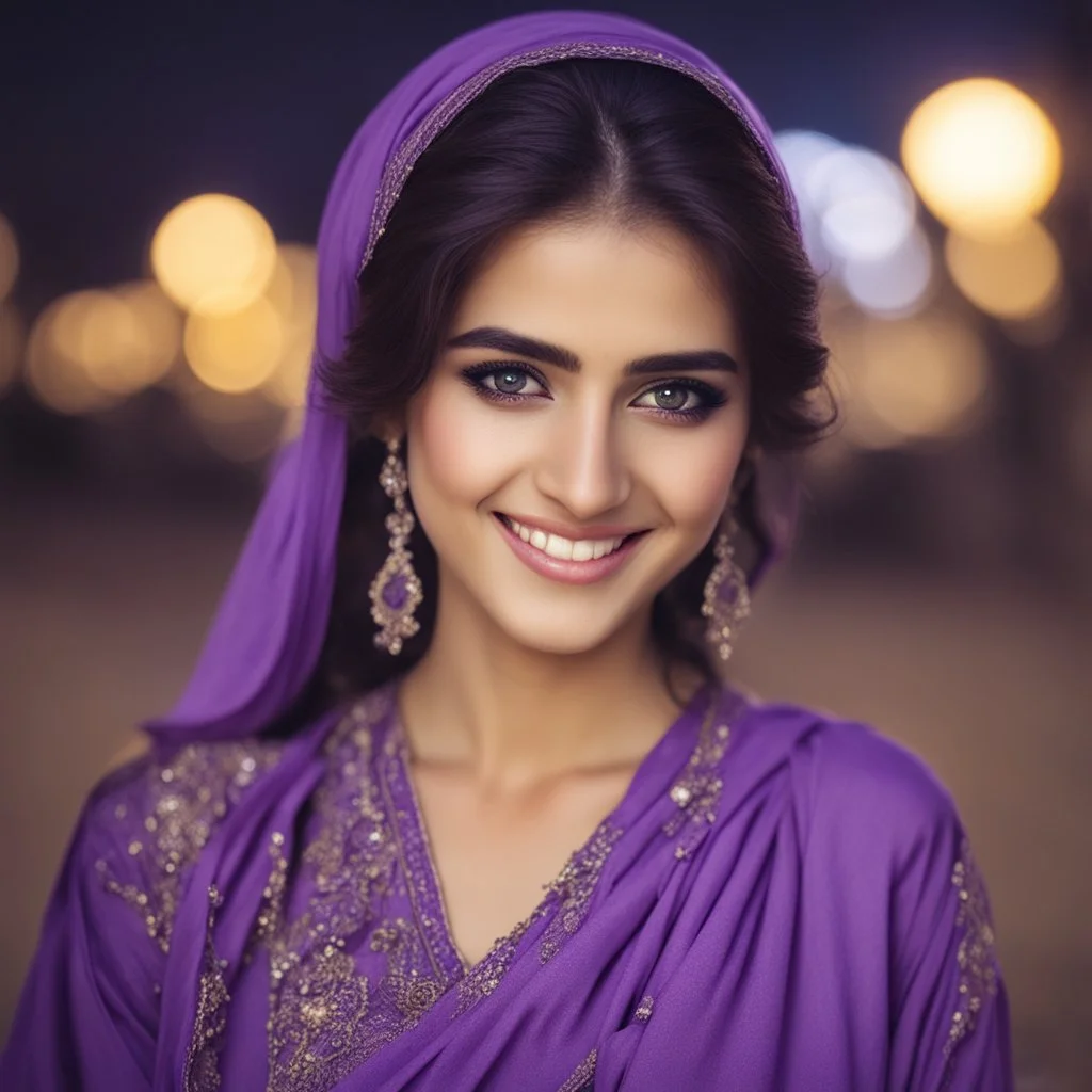 Pakistani Pukhtoon young-woman smiling & has beautiful eyes with purple dress at night