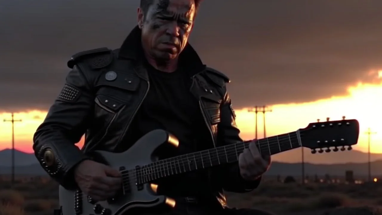 4k full detail, terminator playing guitar on a battlefield