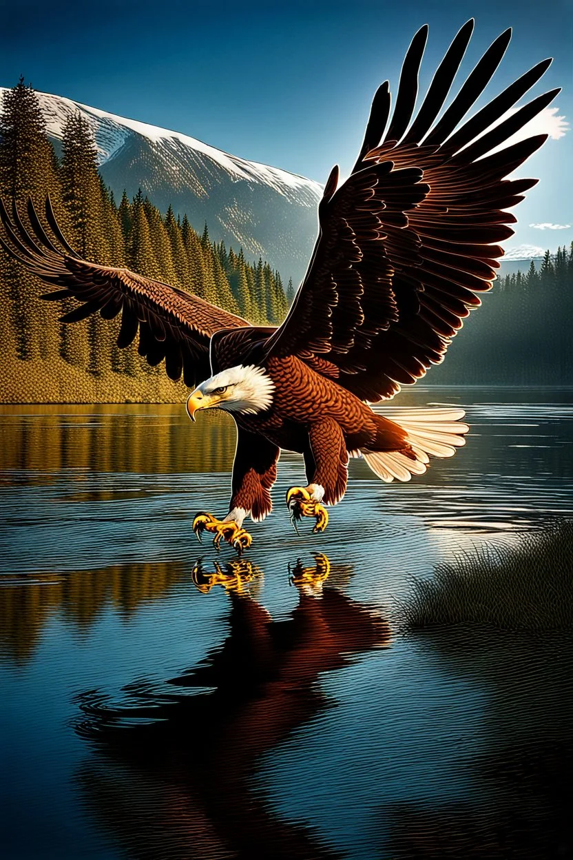 An image capturing a majestic eagle in flight, gripping a large fish in its talons as it soars above a winding river. The sunlight glistens on the water below, and the eagle's powerful wings spread wide against the sky. The scene showcases the eagle's incredible hunting prowess and the dynamic beauty of the natural world.