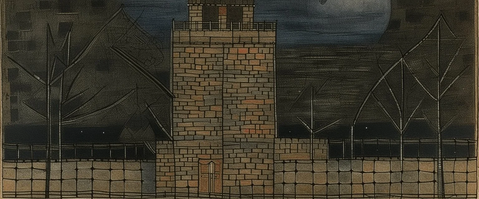 A brownish black chateau with a prison with chains at night painted by Paul Klee