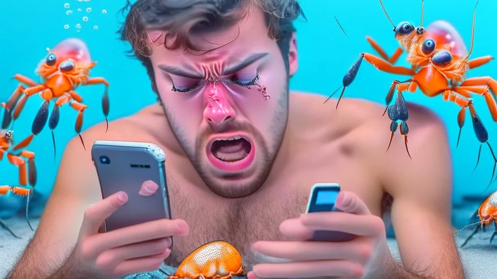 guy drooling while censored videos on smartphone surrounded by tiny crabs