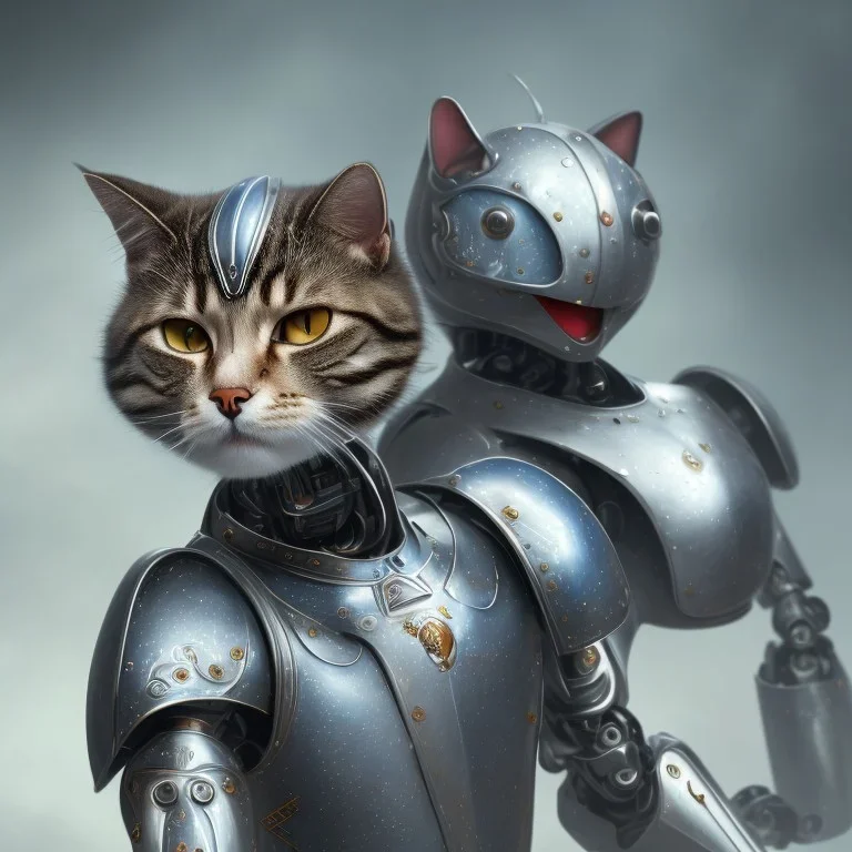 a cat-like robot with blue eyes wearing a medieval armor, high detail, photo, 8k, ray-tracing