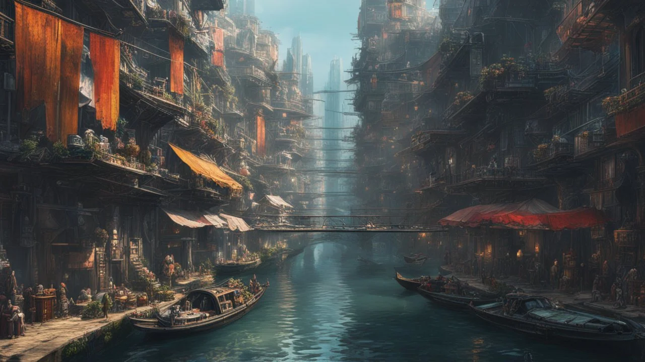 Water-level view of buildings on a canal, made of metal, cyberpunk, many painted colours, floating and flying boats, balconies, bridges, people, shopping, eating, walking, fifth element, ghost in the shell, altered carbon