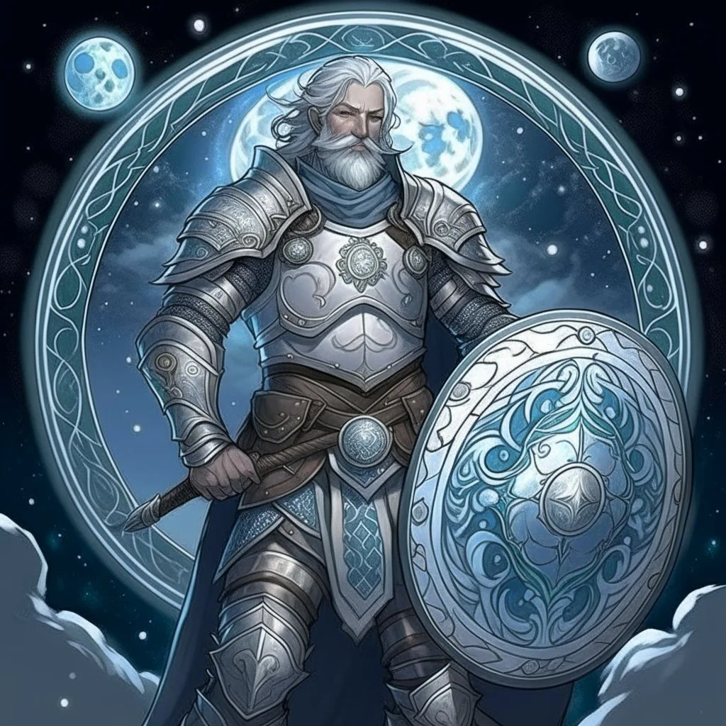 Please create an image for a 30-year old aasimar male with silver hair and a short, square beard and blue eyes. He is standing outside in the moonlight wearing plate armor and wielding a shield and a mace. His equipment is adorned in multiple places with crescent moons and stars