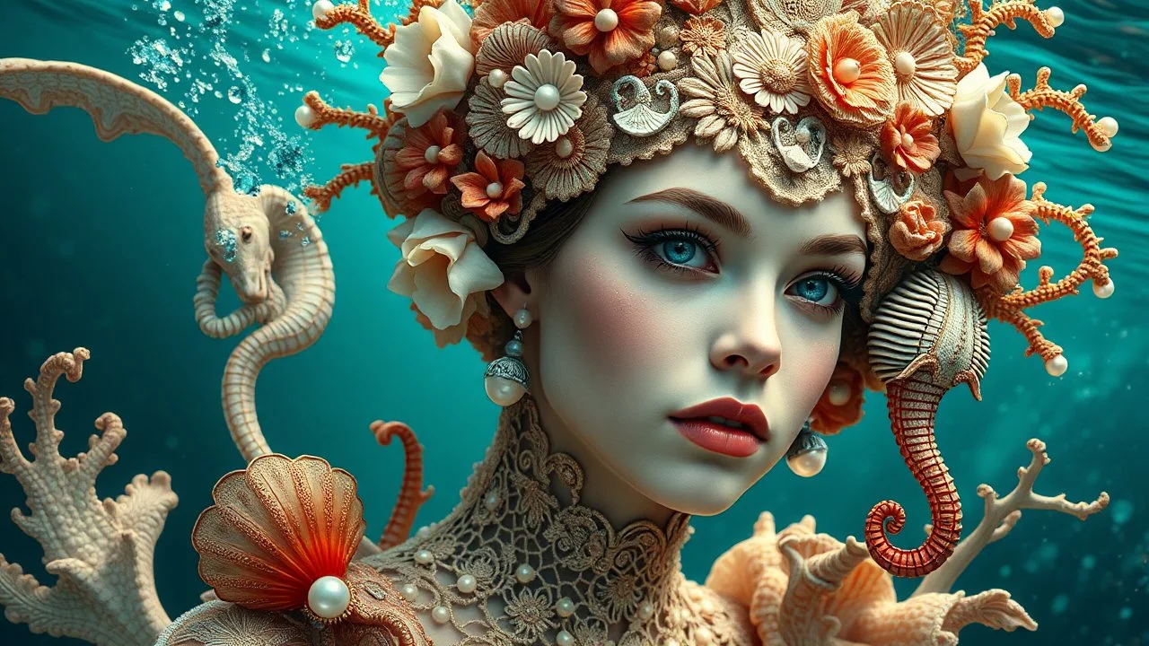 Beautiful young faced meemaid under water, wearing palimpsest art nouveau lace embossed sea shell and creatures ornate costume, adorned with palimpsest art nouveau sea creatures, sea horse. Shell coralls headdress and ribbed with árt Nouveau coralls flower and seapearls costume organic bio spinal ribbed detail of under water art nouveau sea shell embossed extremely detailed art nouveau style maximálist hyperrealistic concept árt portrait