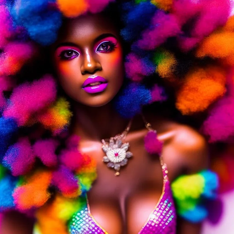 full body shot, masterpiece, best quality, family of three, dark skinned, sparkling eyes, fluorescent skin, colorful makeup, afro, highly detailed body, scifi, sun light, 4K, RAW, depth of field, high contrast, realistic details, 24mm