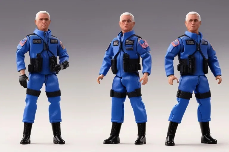 Plastic Mike Pence as G.I. Joe toy Doll figure With a pistol space force Commander Blue fabric uniform, black Moonboot in a clear package hangtag