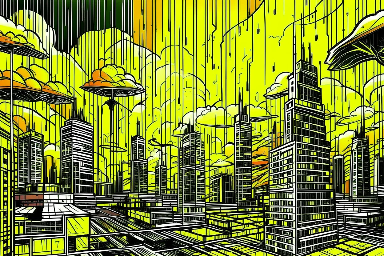 A yellow towering city in a thunderstorm in pop art style