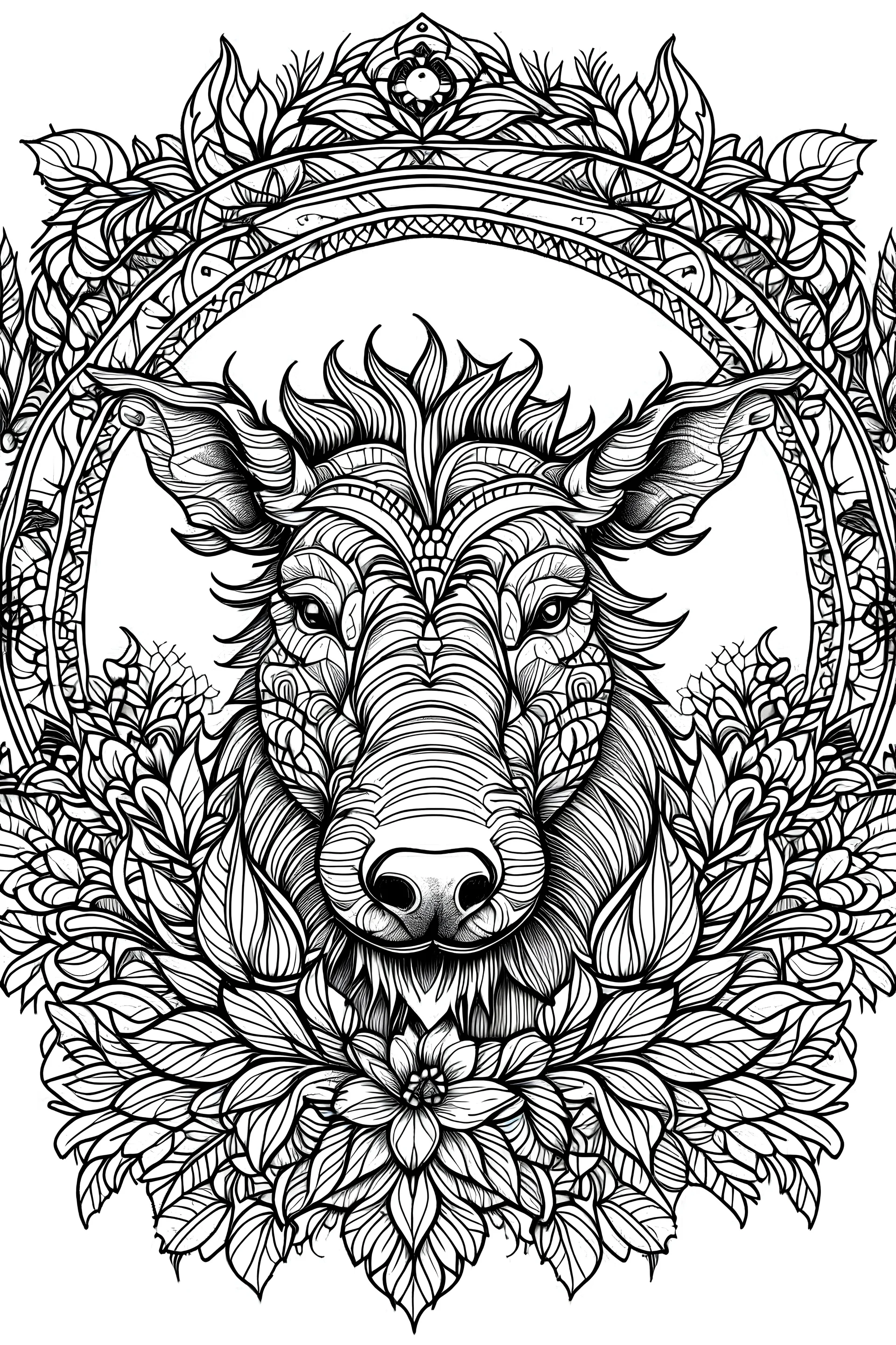 portrait of warthog and background fill with flowers on white paper with black outline only, style mandala