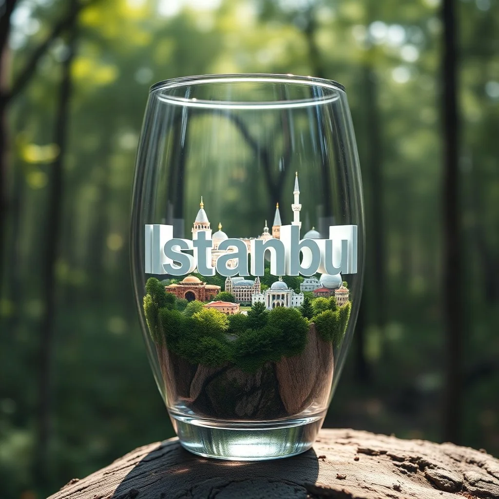 Create hyper-realistic photo of a glass tumbler in a wild forest. Inside, a miniature [Istanbul] with landmarks. A sleek white 3D text of [City] blends naturally into the landscape. Soft bright daylight, reflections, and subtle imperfections like fingerprints. DSLR quality, sharp focus.