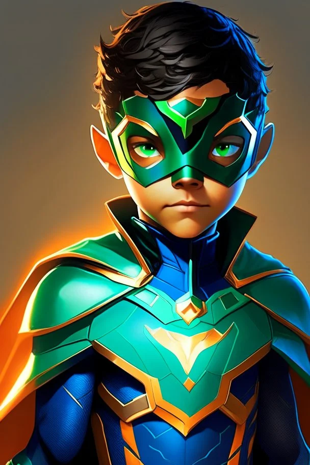 a 11 year old with dark circles around his eyes and he is in a superhero suit and the suit is blue and orange with a emerald emblem and his emerald eyes are glowing emerald and he is 166CM tall