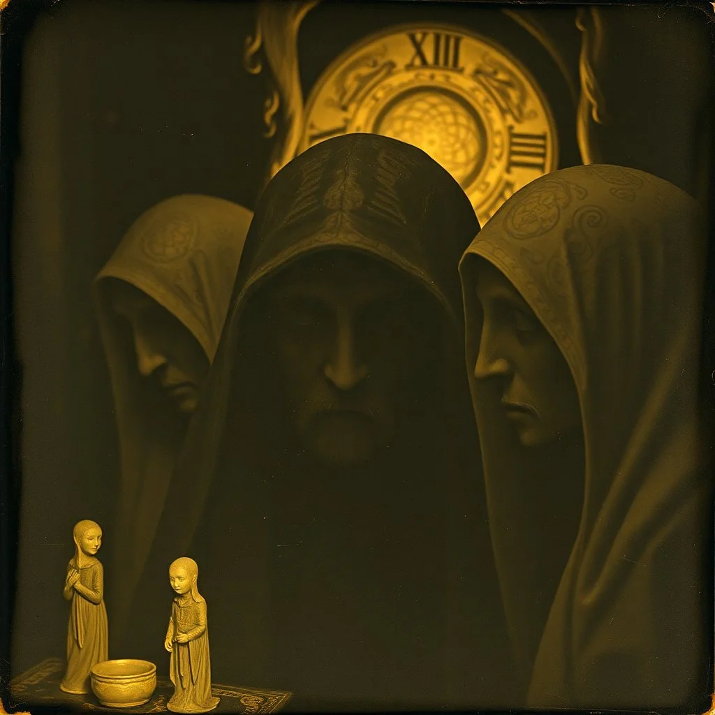 Daguerrotype close up some mysterious figures, odd background, Hieronymus Bosch Max Ernst ambient light, Amano, Botticelli, Alphonse Mucha