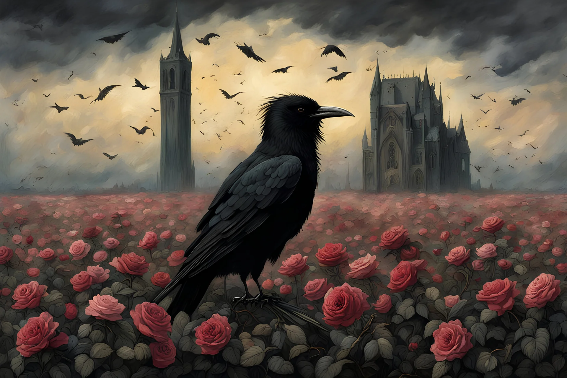 Sir Crow to the Dark Tower came, standing in a proliferous field of faded roses, style Caspar David Friedrich