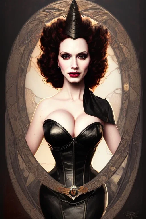 painting of christina hendricks as evil queen in black leather, feminie, angry, volouptous, busty, cleavage, emperious, mature, highly detailed, digital painting, artstation, concept art, smooth, sharp focus, illustration, art by gaston bussiere and alphonse mucha