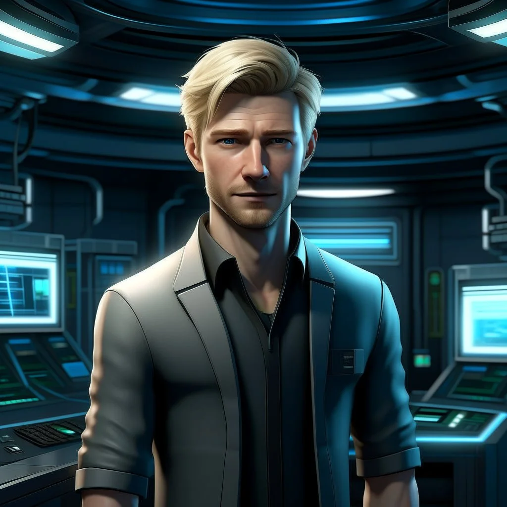 A well groomed corporate scientist with light stubble and short blonde hair in a spaceship lab realistic grimdark