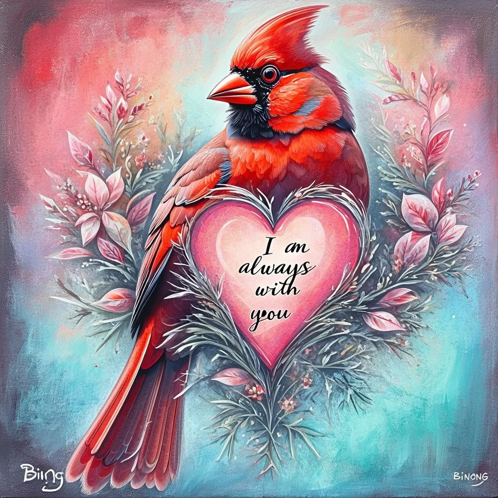 Bing: a vibrant digital chalk sketch painting featuring a double exposure image of a beautiful majestic red cardinal, ultra-detailed, within the body of the cardinal is a heart with the words "I AM ALWAYS WITH YOU" in a beautiful script