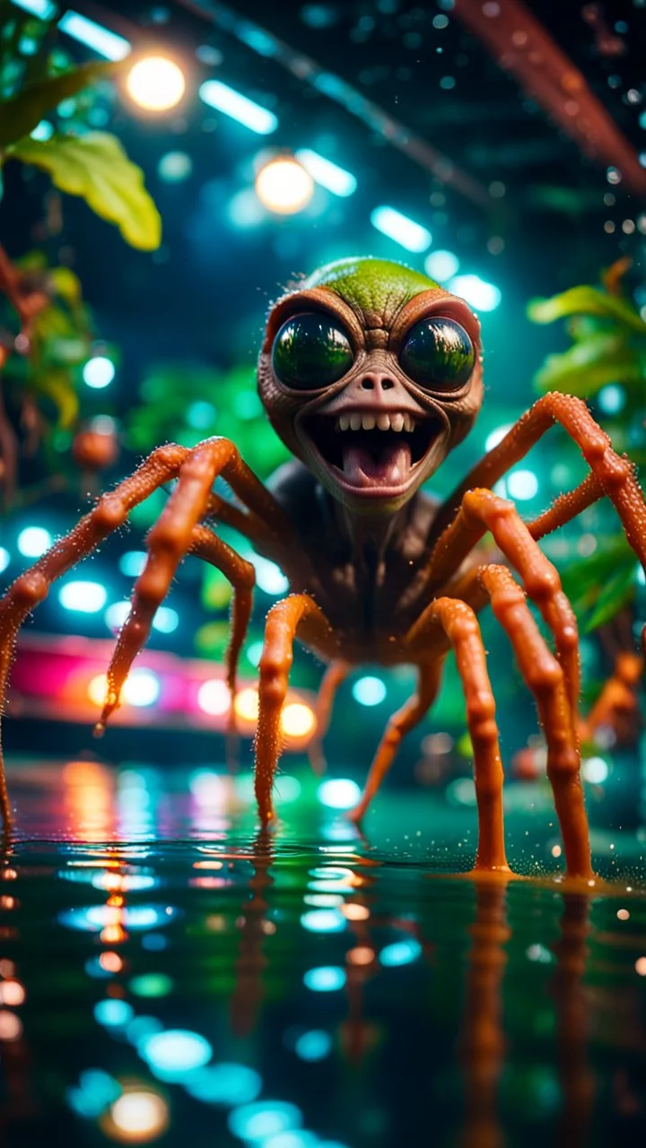 selfie by pimp rocker alien spider gremlin diving in water slide in the middle of crazy dance moves dancing on buss parked in dark lit reflective wet jungle hall tunnel,bokeh like f/0.8, tilt-shift lens 8k, high detail, smooth render, down-light, unreal engine, prize winning