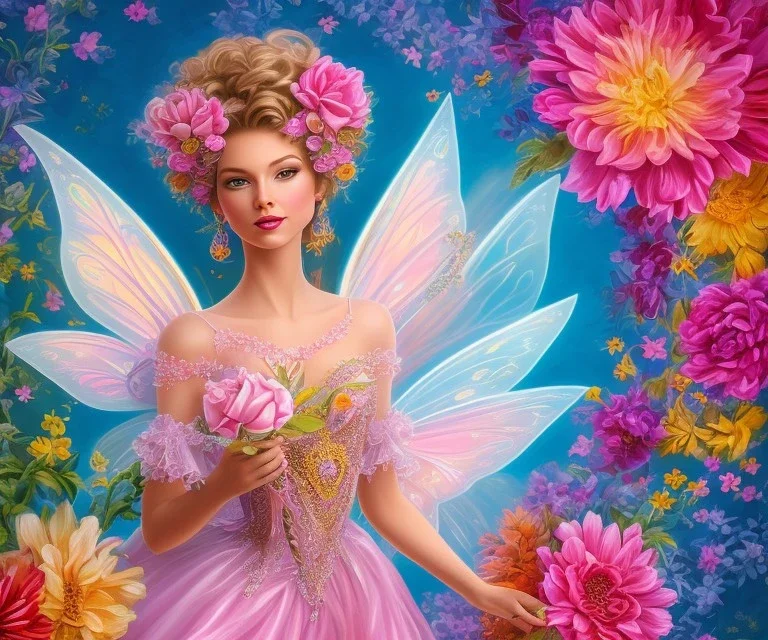 beautiful bright happy fairy portrait with two hands in a pink,blue, yellow flowers background,