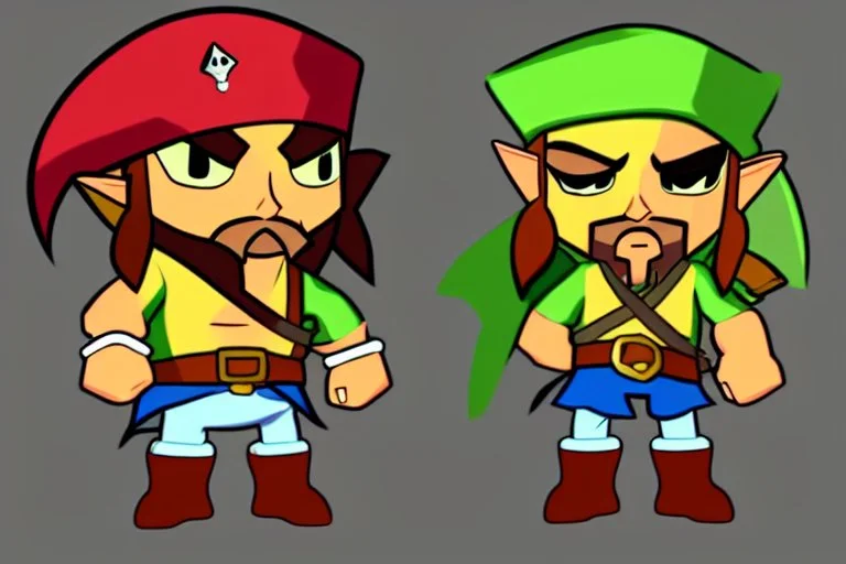 Cartoony and muscular Captain Jack Sparrow, Legend Of Zelda: Wind Waker style, stylized, colorful, adventurous.