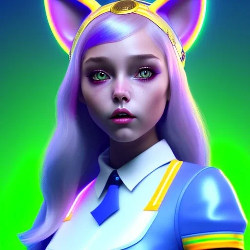 waitress teenager, Caucasian race, cat ears latex headband, rounded face, short hair, fluor makeup, striped shirt, vibrant color, highly detailed, gradient background, concept art, smooth, 16 bit, unreal engine 5, god rays, ray tracing, RTX, lumen lighting, ultra detail, volumetric lighting, 3d, finely drawn, high definition, high resolution.