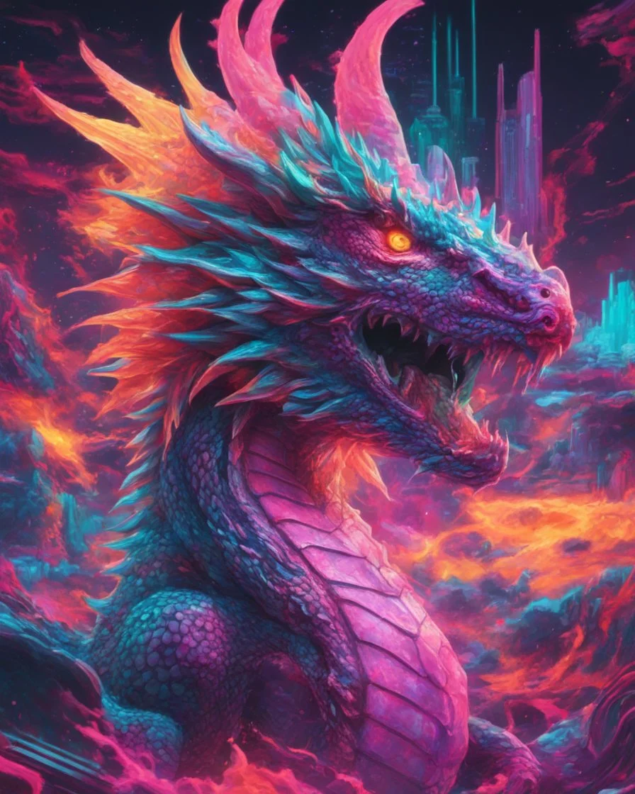 Close up shot, Dragon in a vibrant synthwave dreamscape, neon chaos swirling energetically around pixelated forms, a dynamic fusion of retro gaming nostalgia and futuristic abstraction