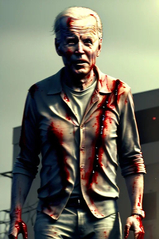 Ultra realistic image, joe biden zombie, zombie performance, blood, torn arm, night, walking twisted, waist up view, walking dead style, dark ambient, highly detailed, sky background, concept art, unreal engine 5, god rays, ray tracing, RTX, lumen lighting, ultra detail, volumetric lighting, 3d, finely drawn, high definition, high resolution.