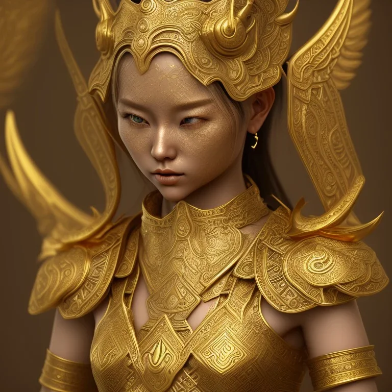 statue 3D japanese viking Girl silver, Thai pattern, Thai dress, detailed pattern, pattern, template, prototype, weaving gold 4k golden face wing golden eyes