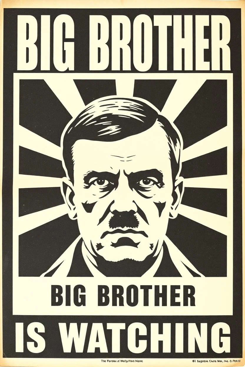 an old poster with the words"BIG BROTHER"(across top), the staring face of adolf hitler(middle, facing viewer), text "IS WATCHING"(across bottom), wwii era 1984 propaganda black and white printed poster on old paper