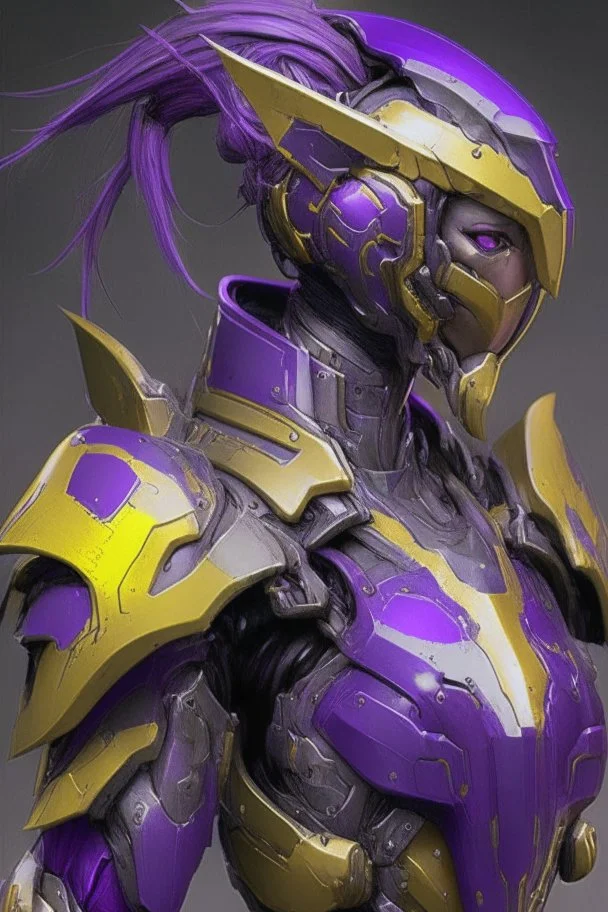 A Genderless Cyborg made of metal, has a human like face with a long violet ponytail, the cybord is wearing armor similar to Omega. The color palatte of the armour is deep purple and yellow.