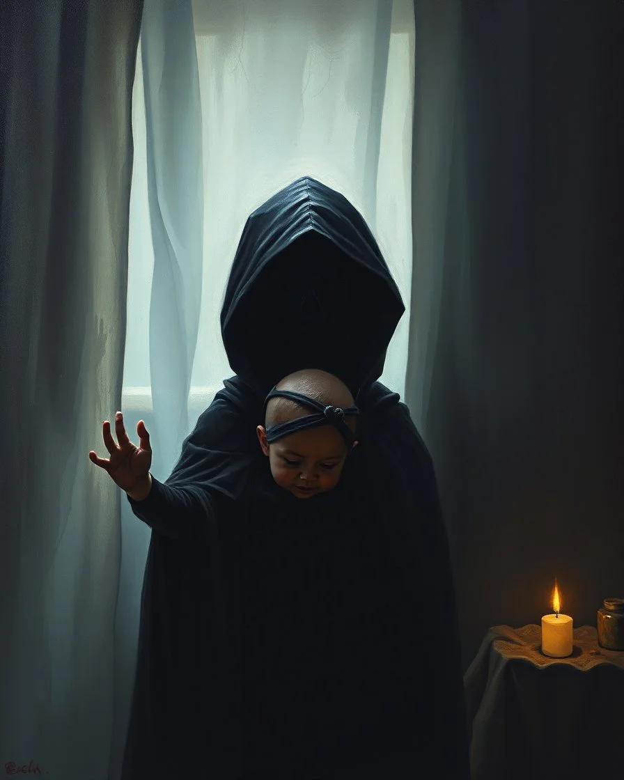 Bosch painting style ,nightmare, shadow of Scary hooded dark creature behind a baby in the crepe in dim light baby room