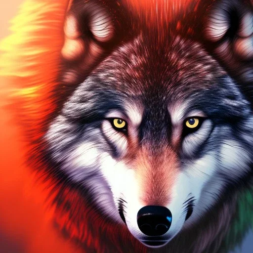 Wolf, red, orange, yellow, green, blue, purple, masterpiece, expert, 8K, hyperrealism, sharp focus, cinematic lighting