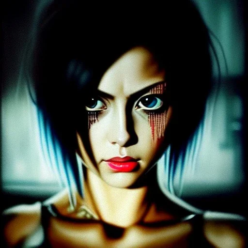 portrait oil on canvas, beautiful punk busty female Alita Battle Angel, intense stare, sad glowing eyes, post-apocalyptic in a cyberpunk city,minimal skintight latex dress, bladerunner movie poster, realistic, intriacte detail,rainy, sci-fi fantasy style, masterpiece, volumetric lighting, particles, highly detailed ,cinamatic , deep colours,8k, in the style of Kaare Andrew