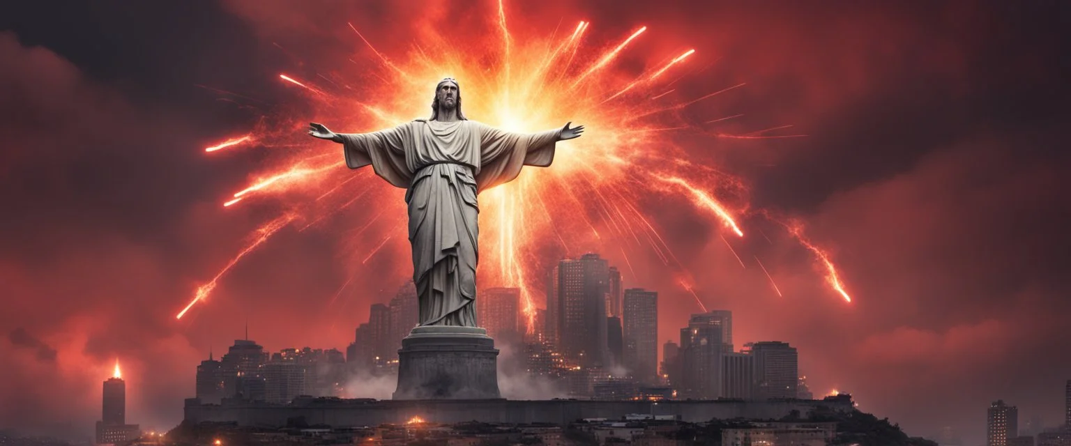 Hyper Realistic apocalyptic view of The statue of Christ the Redeemer & fireballs with dark red sky