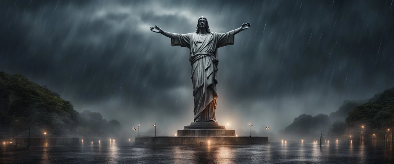 Hyper Realistic apocalyptic haunted view of The statue of Christ the Redeemer at dark rainy night