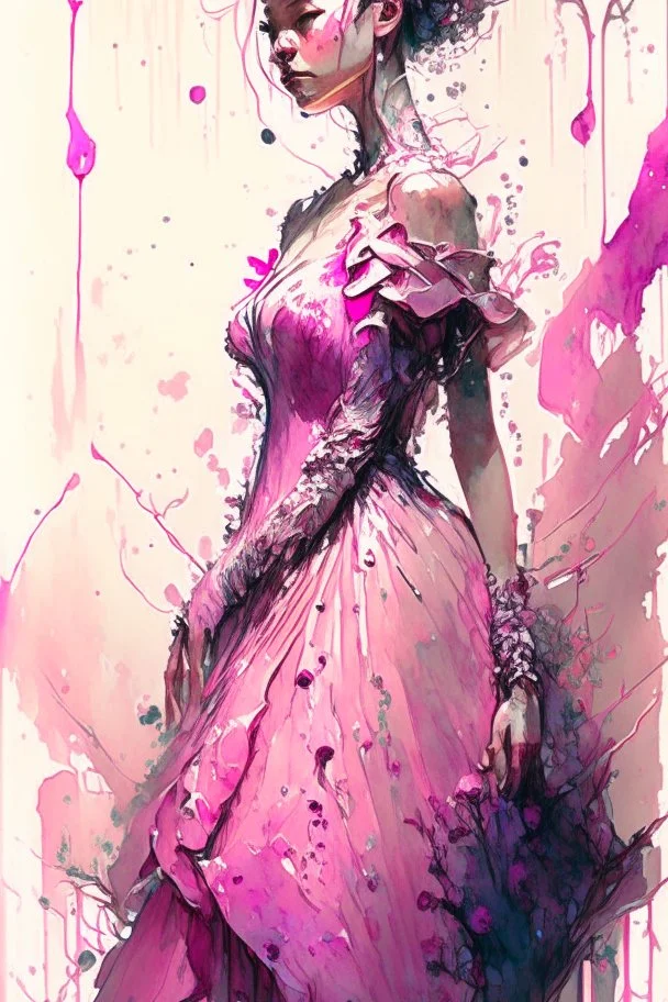 a beautiful bride in pink dress,Watercolor: brush strokes: ink drip: ink spots: by Android Jones: By Ismail Inceoglu and Jean Baptiste mongue: James Jean: Erin Hanson: Dan Mumford: professional photography, natural lighting, volumetric lighting maximalist photoillustration 8k resolution concept art intricately detailed, complex, elegant, expansive, fantastical