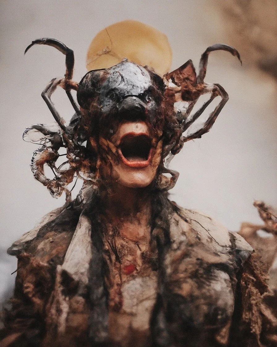 horror, swarming mechanical robotic insects, screaming woman, decay