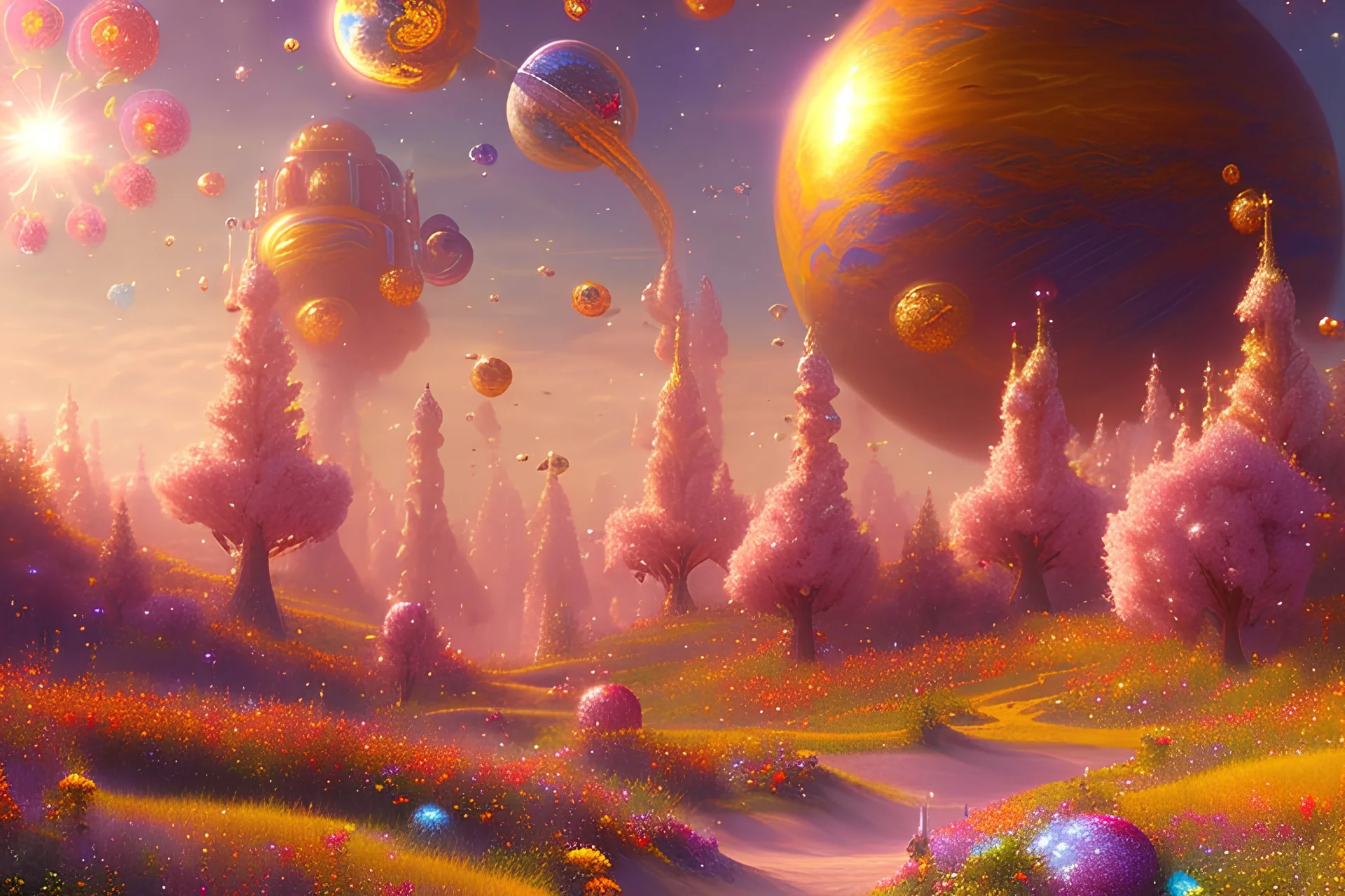 red and gold crystal cosmic and galactic ambiance hill sky sunny flowers trees futuristic landscape, full of details, smooth, bright sunshine，soft light atmosphere, light effect，vaporwave colorful, concept art, smooth, extremely sharp detail, finely tuned detail, ultra high definition, 8 k, unreal engine 5, ultra sharp focus