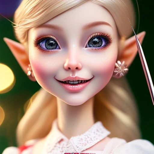 close up on elf as dollie deluxe, bright eyes, post card, toy train, two big front teeth, skin imperfection, worn