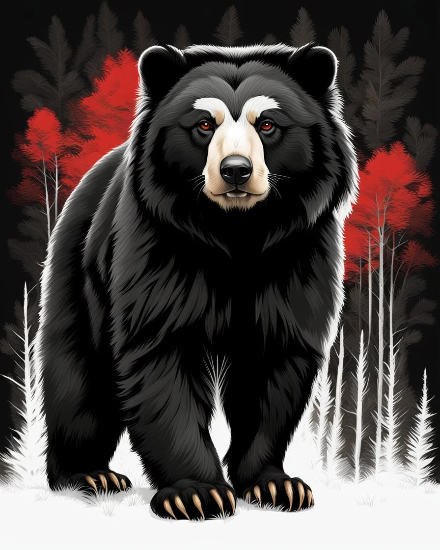 Art illustration lineal spectacled bear, Andean bear, art calidad ultra, hiperdetallado,12k, fondo negro, color blanco, rojo, negro y marrón full body