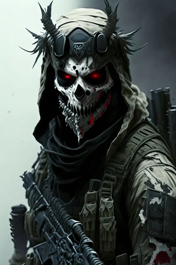 A soldier in the game modern warfare, he wears a skull mask with horns that covers his eyes. The lower half of his face is covered by a mask with a bloody fanged grin. He is a sniper, but can also run point. His call sign is Wraith. Couple