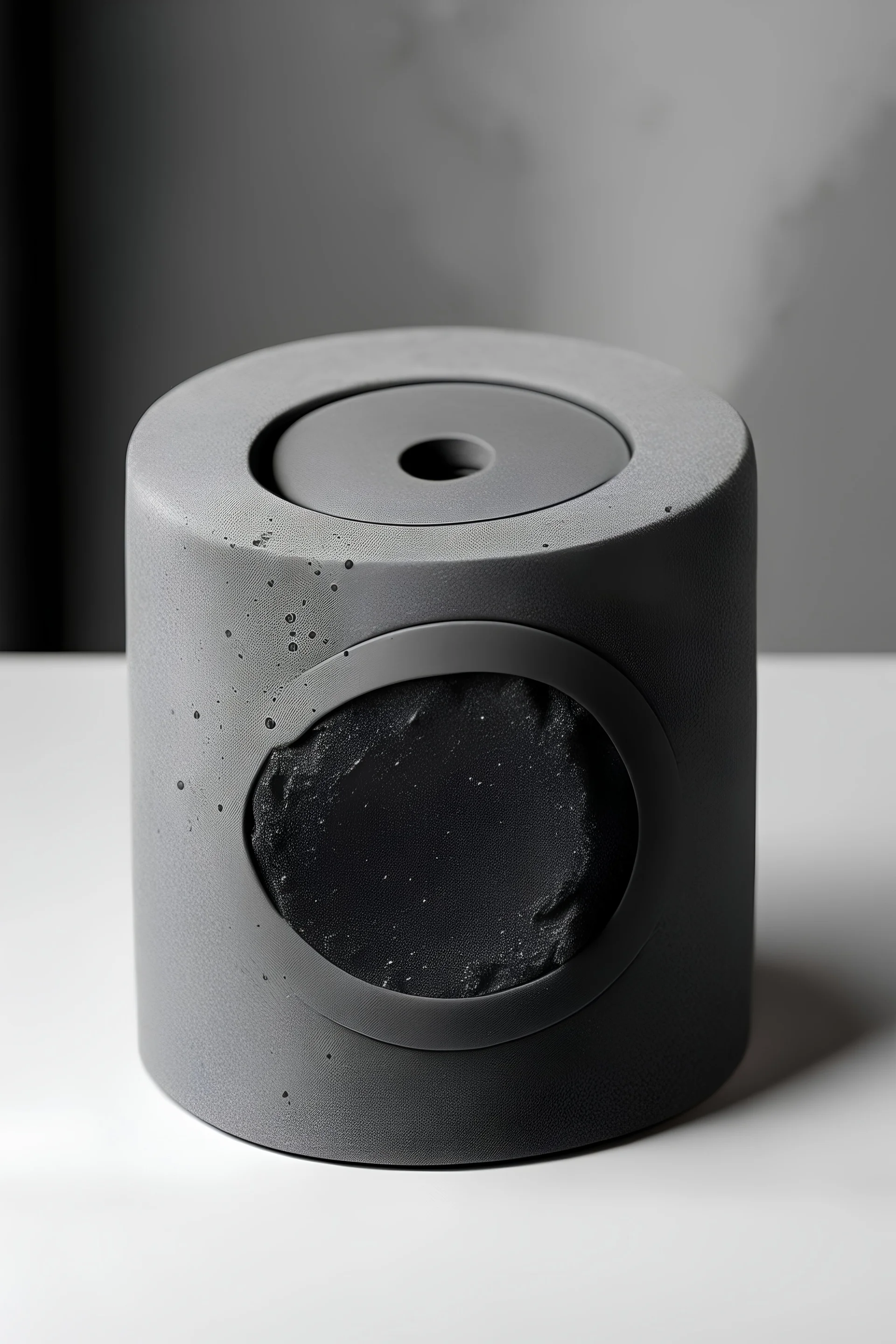 dark gray round liquid soap package, made of concrete, one side folded