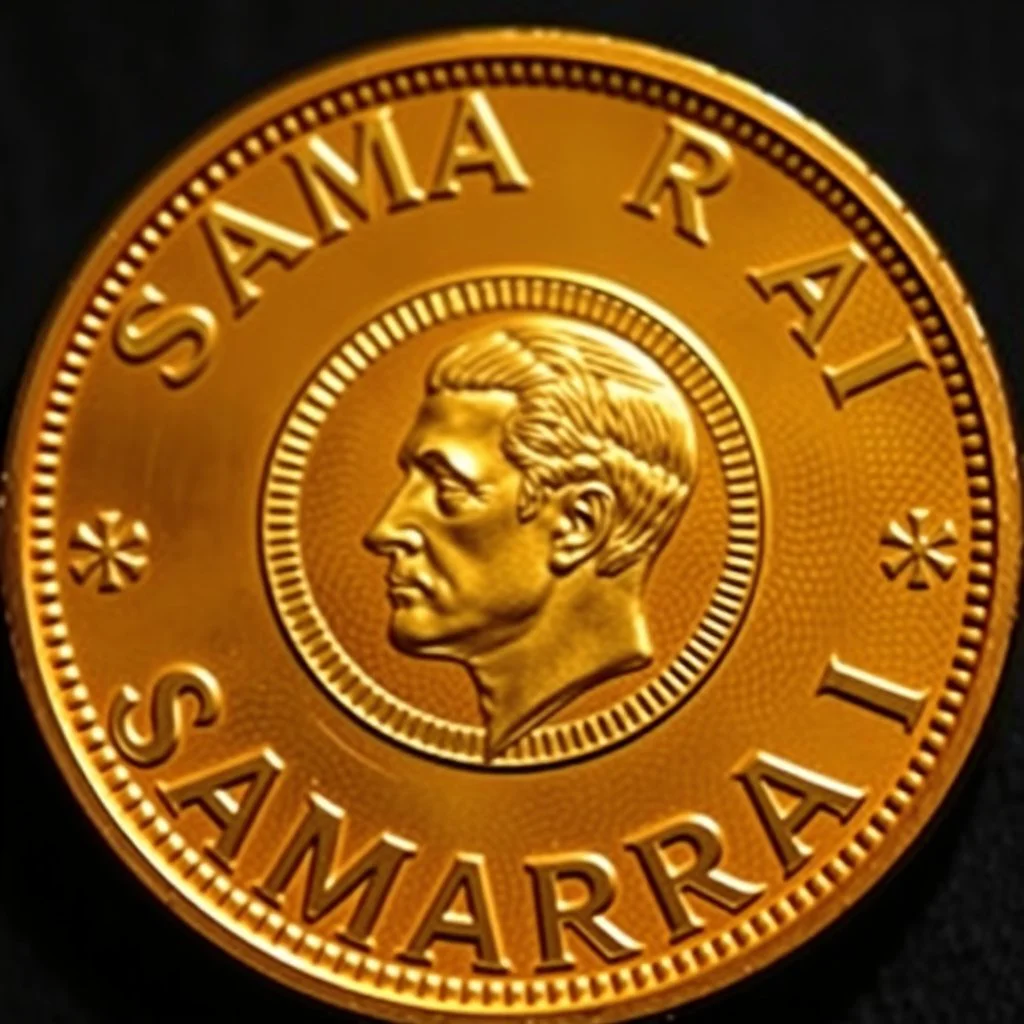 view of the word, Samarrrai , on a gold coin ,with picture of , man head 2024 in the middle of the coin